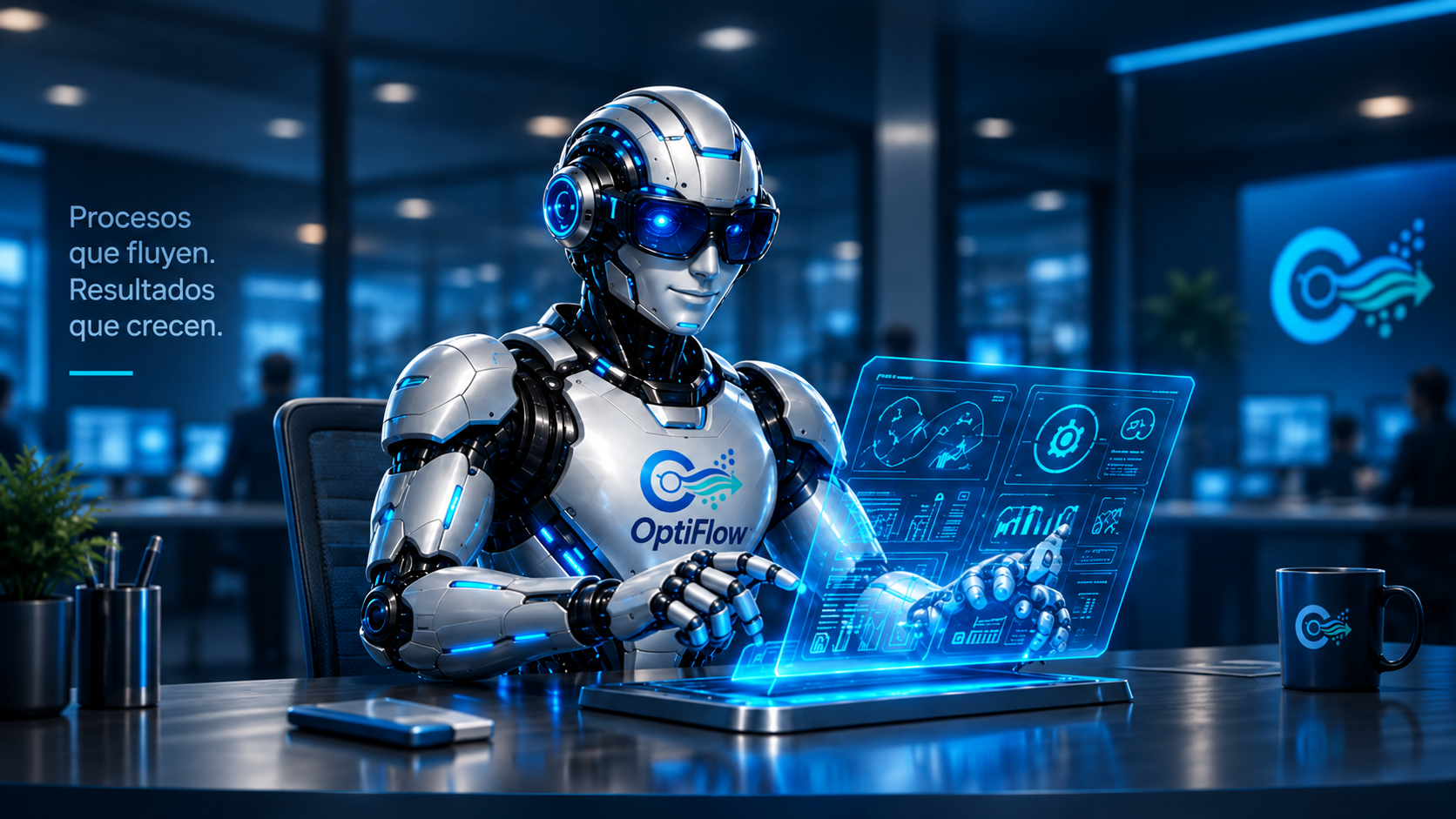OptiBot trabajando en una computadora con OptiFlow